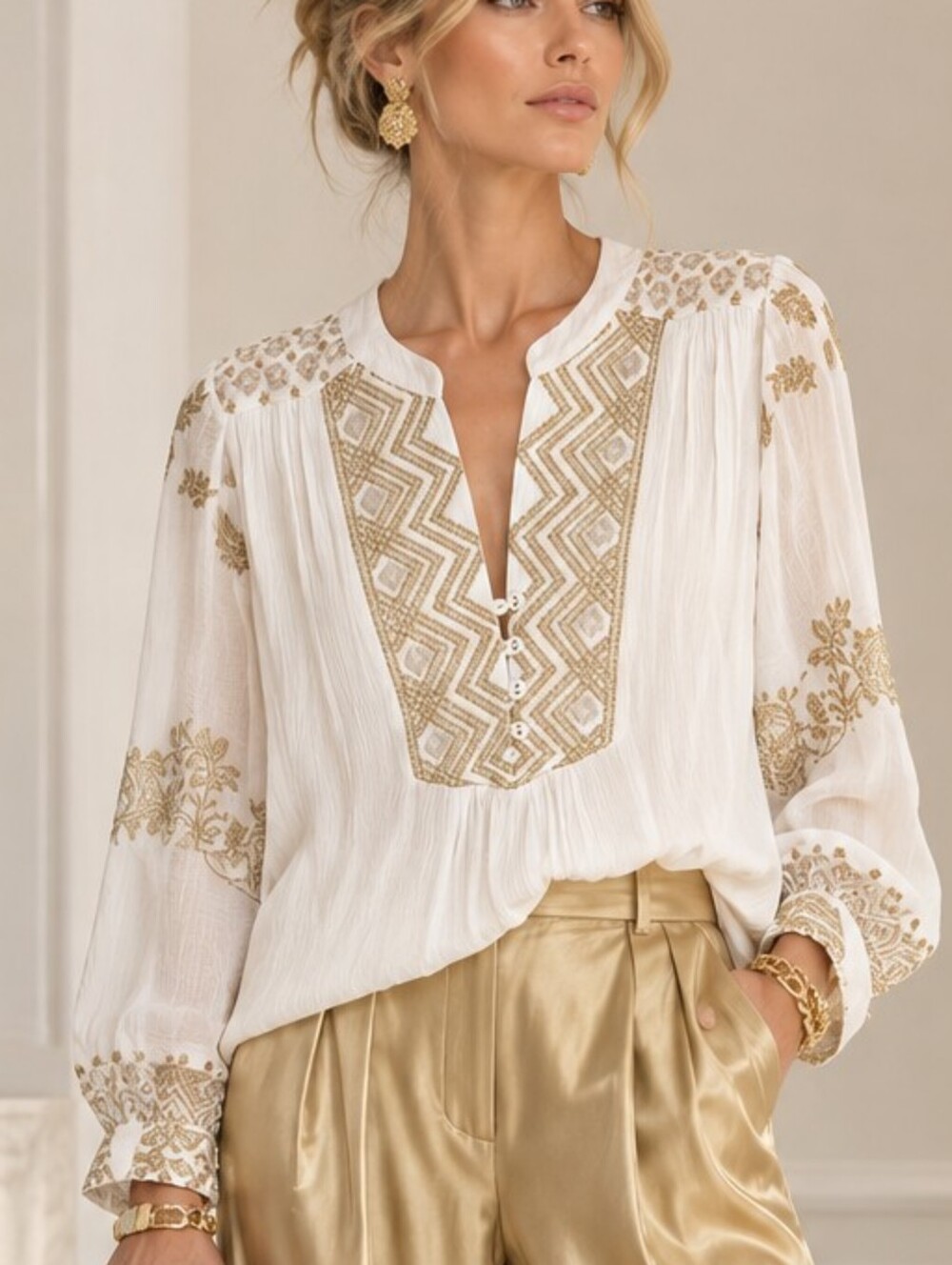 Hale Bob Peasant Blouse Gold Metallic Embroidery Quiet Luxury